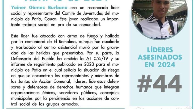 43, 44 y siguen los asesinatos en Colombia